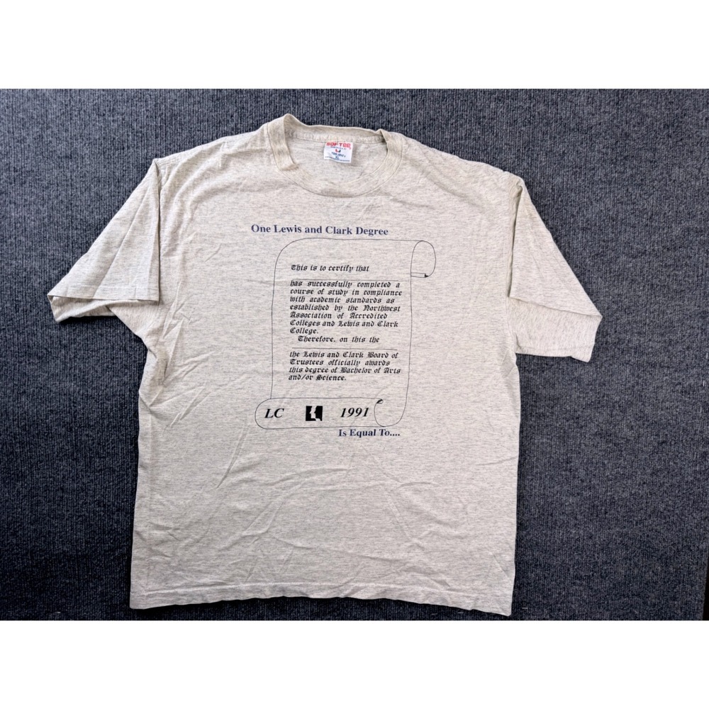 Vintage 90s Lewis and Clark College T Shirt XL Gray Cotton USA Made Graphic Tee
